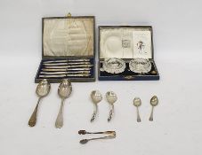 Pair of Georgian London silver tablespoons, pair of silver teaspoons, pair of silver sugar tongs,