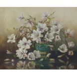 Oil on canvas Marion L Broom Magnolias in vase 63 x 75cm approx