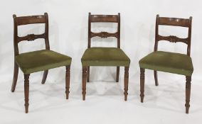 Set of six 19th century mahogany bar back dining chairs with green upholstered seats, turned front