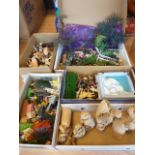 Five boxes of assorted child's toys to include farm animals, trees and straw dolls, etc