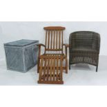 Two wicker garden chairs, a folding teak chair and a linen basket (4)