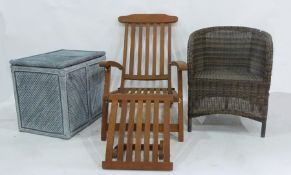 Two wicker garden chairs, a folding teak chair and a linen basket (4)