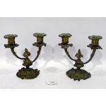 Pair gilt brass table candleabra, each having pair reeded foliate branches and on scroll base 18cm