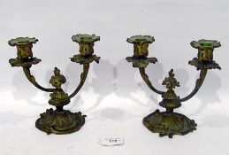 Pair gilt brass table candleabra, each having pair reeded foliate branches and on scroll base 18cm