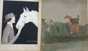 Watercolour drawings Olive Whitmore Girl riding a chestnut horse up an Irish bank with hound to