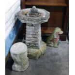 A stoneware bird bath, a stoneware seated Spaniel and three other garden ornaments (5)