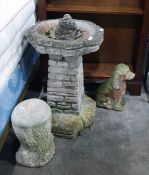 A stoneware bird bath, a stoneware seated Spaniel and three other garden ornaments (5)