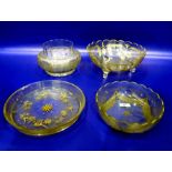 Gilt glass fruit bowl with scalloped edge, floral fern decorated, on three scroll feet, 26cm