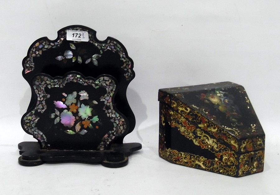 Floral painted lacquer small stationery and trinket box, wedge-shaped (lid to trinket box loose)