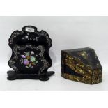 Floral painted lacquer small stationery and trinket box, wedge-shaped (lid to trinket box loose)