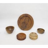 Turned burr elm platter, circular, turned bubinga bowl, amazaque bowl and another bowl and cover (