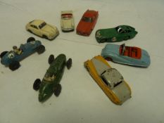 Two Crescent racing cars - Gordini and Connaught and six Dinky cars to include Jaguar 157 Austin