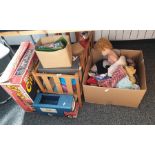 Selection of childrens toys to include wooden cot, box of dolls and teddies, Tumbling Circo, etc