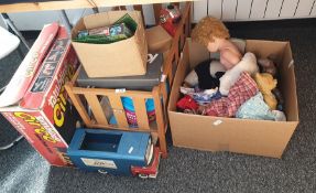 Selection of childrens toys to include wooden cot, box of dolls and teddies, Tumbling Circo, etc