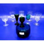 Green glass fingerbowl, four various cut glass rummers, another cut wine and three green glass wines