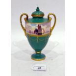 Mintons two handled porcelain vase on cover shouldered ovoid with frieze painted with sailing