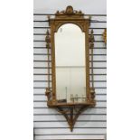 Long Adam's style wall mirror, pier glass with gilt-effect frame, two candleholders flanking with