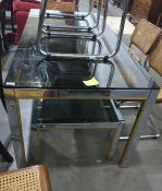 20th century dining table with smoked glass rectangular top on a chrome base and matching coffee
