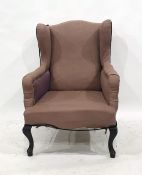 Georgian wing armchair purple upholstered on mahogany stump cabriole supports, pad feet