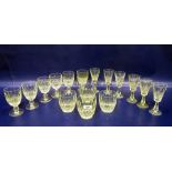 Set of six cut glass Waterford wines with ovolo trellis cut bowls, faceted stem, four matching cut