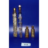 Pair gilt and clear small flattened scent bottles, each shouldered and panelled, floral and