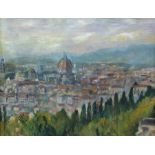 Oil on canvas, unattributed, modern view of city at sunset possibly Florence initialled and dated 47