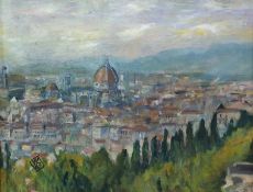 Oil on canvas, unattributed, modern view of city at sunset possibly Florence initialled and dated 47