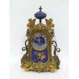 19th century French gilt, ormolu and enamel mantel clock with blue and gold enamel vase pediment