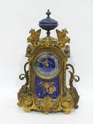 19th century French gilt, ormolu and enamel mantel clock with blue and gold enamel vase pediment