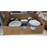 Part dinner service Denby pale blue with white, quantity of assorted glassware including wines,