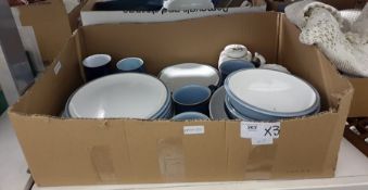 Part dinner service Denby pale blue with white, quantity of assorted glassware including wines,