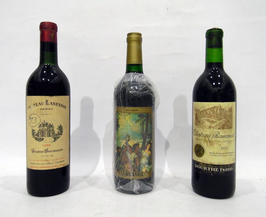 Chateau Lanessan 1955 Medoc, Chateau Ramonet 1972, and another bottle La Baccanale vin du qualite (