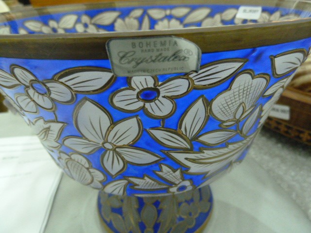 Blue and gilt painted glass pedestal bowl opaque floral and floral decoration on a blue ground - Image 2 of 2