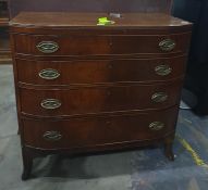 19th century mahogany bowed chest of four long drawers, to splayed feet, 92cm x 91cm