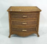 A 20th century wicker and cane bowfront chest of three drawers, 83cm x 78cm