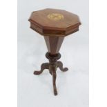 19th century walnut octagonal-topped sewing table, the body of faceted trumpet form to three