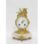 French ormolu and white marble mantel clock, the drum shape movement with birds on branch