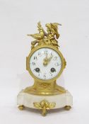French ormolu and white marble mantel clock, the drum shape movement with birds on branch