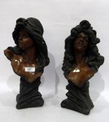 Pair Art Nouveau painted composition busts of long haired women, bronze and black painted, "