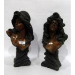 Pair Art Nouveau painted composition busts of long haired women, bronze and black painted, "