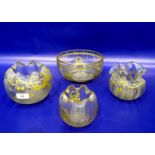 Victorian clear and gilt glass posy bowl with crimped inverted edge, floral and scroll decoration,