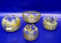 Victorian clear and gilt glass posy bowl with crimped inverted edge, floral and scroll decoration,