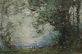 Oil on board unattributed figures beneath a tree in the style of Corot and a colour print Eastern
