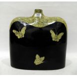 Black and cream laquered papier mache/bamboo vase, rectangular and butterfly decorated 31cm high