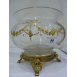 Gilt and clear floral bowl with everted rim, ribbon and husk swag decorated, cut glass circular foot
