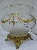 Gilt and clear floral bowl with everted rim, ribbon and husk swag decorated, cut glass circular foot