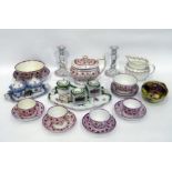 Staffordshire pottery part tea service painted with strawberries and purple lustre vine,