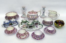 Staffordshire pottery part tea service painted with strawberries and purple lustre vine,
