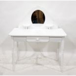 A white painted child's dressing table with mirrored back above the shaped top, single drawer,