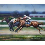 Oil on canvas Burnett Racing to the Finish - racehorses at full stretch, signed lower right Burnett